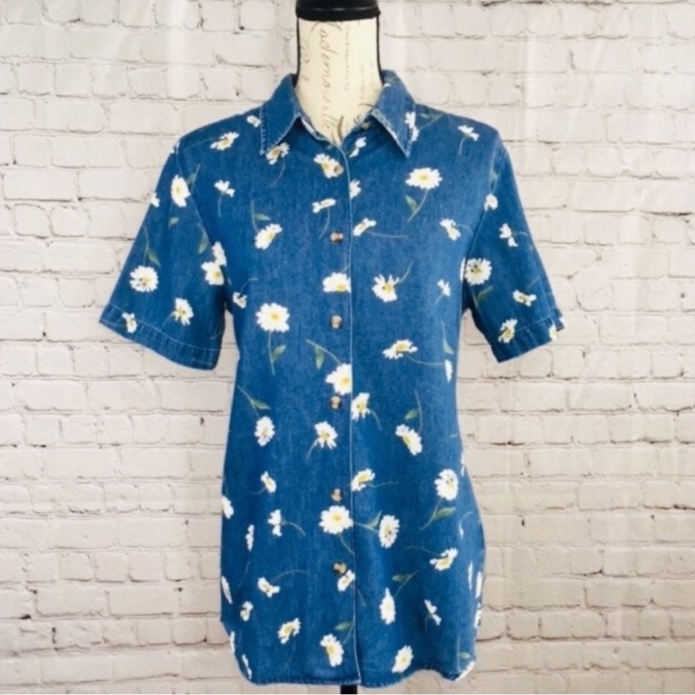 Bill Blass Jean Flower Denim Button down Shirt size Small